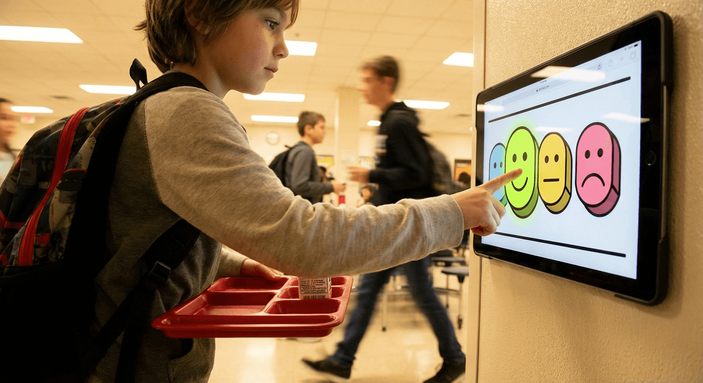 Dítě hlasuje v školní jídelně pomocí Mlask kiosku